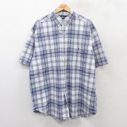 XL★古着 ラルフローレン Ralph Lauren 半袖 ブランド シャツ メンズ 90年代 90s ワンポイントロゴ BLAIRE 大きいサイズ ロング丈 コットン ボタンダウン 薄紺他 ネイビー チェック 25jul08 中古 トップス