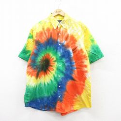 XL★古着 ラルフローレン Ralph Lauren 半袖 ブランド シャツ メンズ ワンポイントロゴ 大きいサイズ ロング丈 コットン ボタンダウン 黄他 イエロー タイダイ 25jul08 中古 トップス