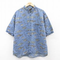 【50%OFF】XL★古着 半袖 シャツ メンズ 90年代 90s 魚 ルアー 総柄 ボタンダウン 紺他 ネイビー 【spe】 25jul09 中古 トップス