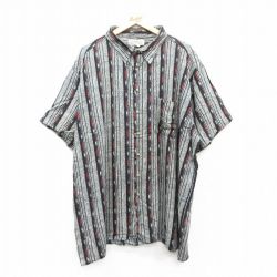 XL★古着 半袖 シャツ メンズ 00年代 00s 大きいサイズ ロング丈 レーヨン 黒他 ブラック ストライプ 25jul09 中古 トップス