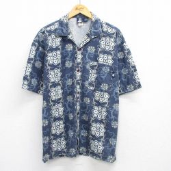 XL★古着 NO FEAR 半袖 シャツ メンズ 90年代 90s 花 総柄 コットン 開襟 オープンカラー USA製 紺他 ネイビー 25jul30 中古 トップス