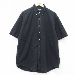 XL★古着 ラルフローレン Ralph Lauren 半袖 ブランド シャツ メンズ 90年代 90s ワンポイントロゴ BLAIRE シアサッカー 大きいサイズ ロング丈 コットン ボタンダウン 黒他 ブラック ストライプ 【spe】 25jul31 中古 トップス