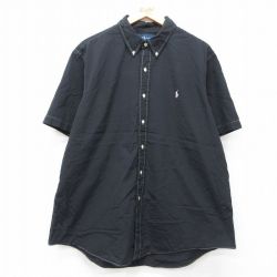 【20%OFF】XL★古着 ラルフローレン Ralph Lauren 半袖 ブランド シャツ メンズ 90年代 90s ワンポイントロゴ 大きいサイズ ロング丈 コットン ボタンダウン 黒 ブラック 25jul31 中古 トップス