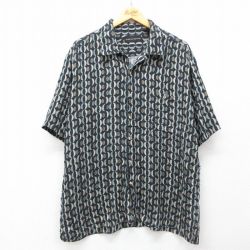 XL★古着 半袖 シャツ メンズ 総柄 シルク 開襟 オープンカラー 黒他 ブラック 25jul31 中古 トップス