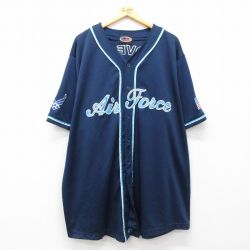 【50%OFF】XL★古着 半袖 ベースボール シャツ メンズ ミリタリー エアフォース 刺繍 大きいサイズ ロング丈 紺他 ネイビー 25jul31 中古 トップス