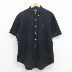 XL★古着 ラルフローレン Ralph Lauren 半袖 ブランド シャツ メンズ 90年代 90s ワンポイントロゴ シアサッカー 大きいサイズ コットン ボタンダウン 黒 ブラック 25aug02 中古 トップス