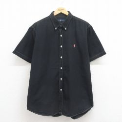 XL★古着 ラルフローレン Ralph Lauren 半袖 ブランド シャツ メンズ ワンポイントロゴ シアサッカー コットン ボタンダウン 黒 ブラック 25aug02 中古 トップス