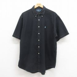 XL★古着 ラルフローレン Ralph Lauren 半袖 ブランド シャツ メンズ 90年代 90s ワンポイントロゴ シアサッカー 大きいサイズ コットン ボタンダウン 黒 ブラック 25aug02 中古 トップス