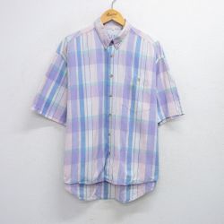 XL★古着 半袖 シャツ メンズ コットン ボタンダウン 紫他 パープル チェック 25aug07 中古 トップス