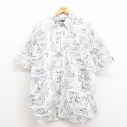 L★古着 半袖 シャツ メンズ 00年代 00s 船 総柄 ロング丈 コットン ボタンダウン 白 ホワイト 25aug08 中古 トップス