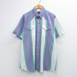 XL★古着 半袖 ウエスタン シャツ メンズ 90年代 90s 大きいサイズ ロング丈 ボタンダウン 白他 ストライプ 26apr03