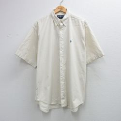 XL★古着 ラルフローレン 半袖 ブランド シャツ メンズ 90年代 90s ワンポイントロゴ 大きいサイズ ロング丈 コットン ボタンダウン 生成り 26apr09