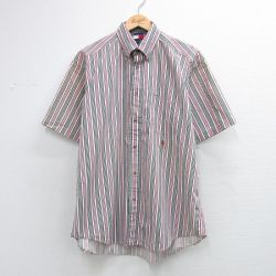XL★古着 トミーヒルフィガー 半袖 ブランド シャツ メンズ 90年代 90s ワンポイントロゴ コットン ボタンダウン 白他 ストライプ 26apr09