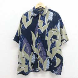 XL★古着 ピューリタン 半袖 ハワイアン シャツ メンズ 00年代 00s 花 大きいサイズ レーヨン 紺他 26apr11