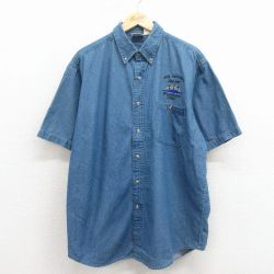 XL★古着 半袖 シャツ メンズ 00年代 00s 十字架 大きいサイズ コットン ボタンダウン 紺 デニム 26apr11