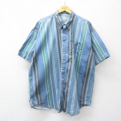 XL★古着 セントジョンズベイ 半袖 シャツ メンズ 90年代 90s 大きいサイズ ロング丈 コットン ボタンダウン 薄紺他 ストライプ 26apr13