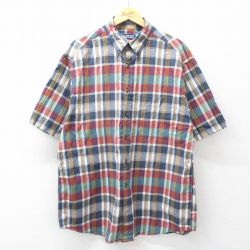 XL★古着 ランズエンド 半袖 シャツ メンズ 00年代 00s 大きいサイズ ロング丈 コットン ボタンダウン 紺他 チェック 26apr13