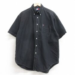 XL★古着 トミーヒルフィガー 半袖 ブランド シャツ メンズ 90年代 90s ワンポイントロゴ 大きいサイズ コットン ボタンダウン 黒 26apr14