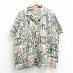 XL★古着 半袖 ハワイアン シャツ メンズ 90年代 90s ヤシの木 ハイビスカス カメ 大きいサイズ コットン 開襟 オープンカラー ハワイ製 緑 26apr14
