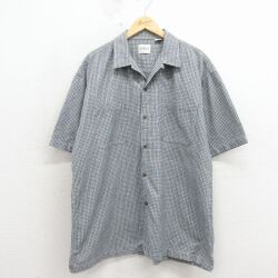 XL★古着 半袖 シャツ メンズ 大きいサイズ ロング丈 コットン 開襟 オープンカラー 紺他 チェック 26apr15