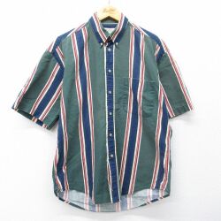 L★古着 半袖 シャツ メンズ 00年代 00s コットン ボタンダウン 緑他 ストライプ 26apr16