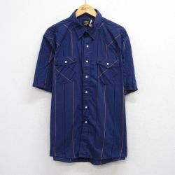 XL★古着 半袖 ウエスタン シャツ メンズ 90年代 90s USA製 紺他 ストライプ 26apr22