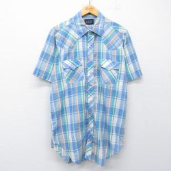 L★古着 半袖 ウエスタン シャツ メンズ 90年代 90s ロング丈 薄紺他 チェック 26apr22