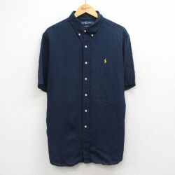 XL★古着 ラルフローレン 半袖 ブランド シャツ メンズ 90年代 90s ワンポイントロゴ 大きいサイズ ボタンダウン リネン 紺【spe】 26apr27