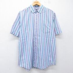 XL★古着 半袖 シャツ メンズ 90年代 90s ボタンダウン 薄紺他 ストライプ 26apr28