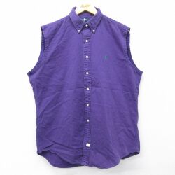 XL★古着 ラルフローレン ノースリーブ ブランド シャツ メンズ 90年代 90s ワンポイントロゴ ロング丈 コットン ボタンダウン 紫 26apr28