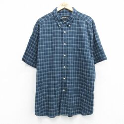 XL★古着 エディーバウアー 半袖 シャツ メンズ 00年代 00s 大きいサイズ ロング丈 コットン ボタンダウン 濃紺他 チェック 26apr28