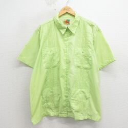 XL★古着 HABAND 半袖 フルジップ キューバ シャツ メンズ 90年代 90s 刺繍 大きいサイズ 黄緑 26apr30