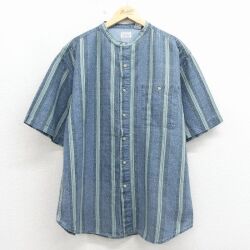 XL★古着 ビューグルボーイ 半袖 シャツ メンズ 00年代 00s ノーカラー 紺 ストライプ 26apr30
