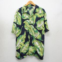 XL★古着 ラルフローレン 半袖 ブランド シャツ メンズ 90年代 90s CLAYTON 葉 大きいサイズ レーヨン 開襟 オープンカラー 紺他【spe】 26may02