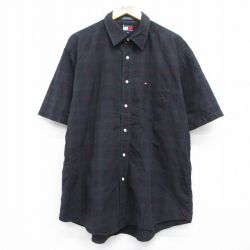 トミーヒルフィガー 90s 半袖シャツ ワンポイントロゴ ブラックチェック XL | 古着