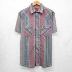 L★古着 ラスラー 半袖 ウエスタン シャツ メンズ 90年代 90s エンジ系 ストライプ 26may25