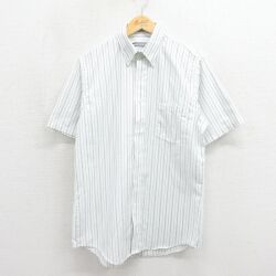 L★古着 バンヒューセン 半袖 シャツ メンズ 90年代 90s ロング丈 ボタンダウン ホワイト ストライプ【spe】 26may26