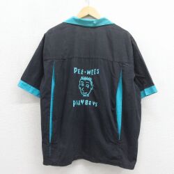 XL★古着 半袖 ボウリング シャツ メンズ 90年代 90s プレイボーイズ 刺繍 大きいサイズ 開襟 オープンカラー USA製 ブラック【spe】 26may26