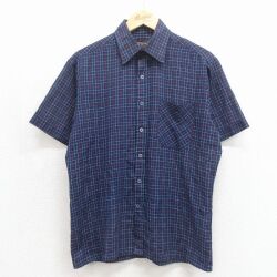 L★古着 シアーズ 半袖 シャツ メンズ 80年代 80s ネイビー チェック 26may27