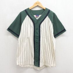 L★古着 チャンピオン champion 半袖 ベースボール シャツ メンズ 00年代 00s ポーカー 刺繍 コットン ラグラン グリーン ストライプ【spe】 26may27
