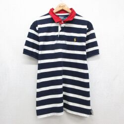 ラルフローレン 90s 半袖ラガーシャツ ワンポイントロゴ ネイビーボーダー メンズXL相当 | 古着