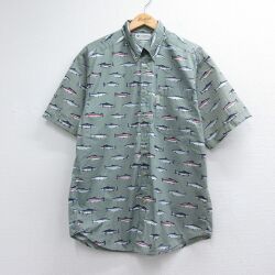 L★古着 コロンビア 半袖 シャツ メンズ 00年代 00s 魚 コットン ボタンダウン カーキ【spe】 26jun24