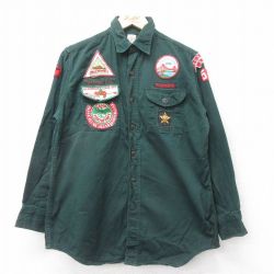M★古着 長袖 ビンテージ ボーイスカウト シャツ メンズ 50年代 50s ワッペン コットン 濃緑 グリーン 24nov08 中古 トップス