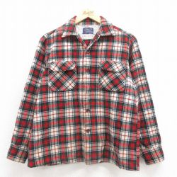 M★古着 ペンドルトン PENDLETON 長袖 ビンテージ ウール ボード シャツ メンズ 50年代 50s 開襟 オープンカラー 赤他 レッド タータン チェック 25oct02 中古 トップス