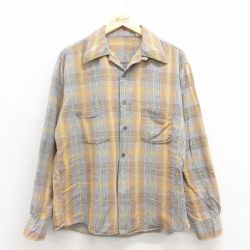 L★古着 長袖 ビンテージ フランネル シャツ メンズ 70年代 70s 開襟 オープンカラー 茶 チェック 25nov12