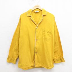 M★古着 長袖 ビンテージ パジャマ シャツ メンズ 70年代 70s コットン 開襟 オープンカラー 黄 25nov12