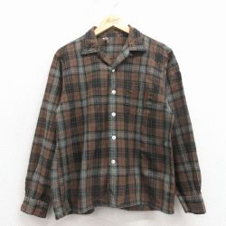 M★古着 長袖 ビンテージ ウール シャツ メンズ 60年代 60s 開襟 オープンカラー こげ茶 チェック【spe】 25dec17
