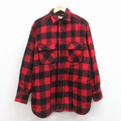 XL★古着 タウンクラフト ペニーズ 長袖 ビンテージ ウール シャツ メンズ 60年代 60s マチ付き 大きいサイズ ロング丈 赤 バッファロー チェック 25dec17