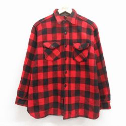 L★古着 長袖 ビンテージ ウール シャツ メンズ 70年代 70s マチ付き 赤 バッファロー チェック 26jan22