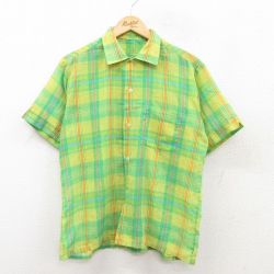 【50%OFF】M★古着 半袖 ビンテージ シャツ メンズ 70年代 70s 黄緑他 チェック 25may10 中古 トップス
